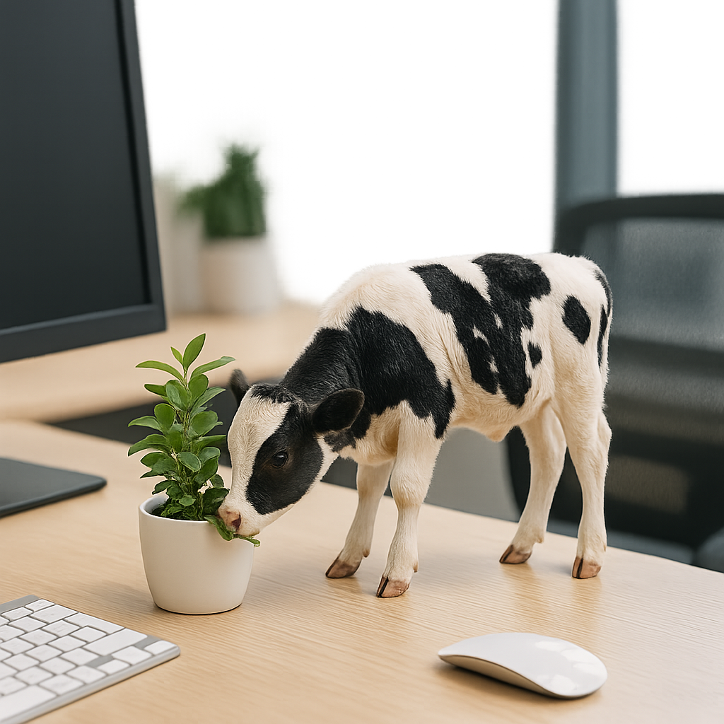MiniCow grazing on a desk plant
